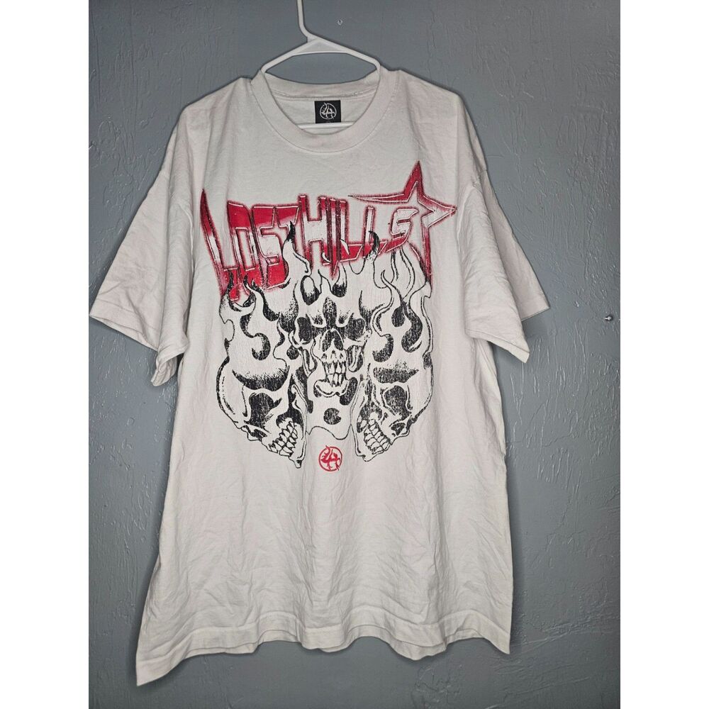 Lost Hills "Triple Skull & Flames" Graphic Streetwear Tee White Size 2xl